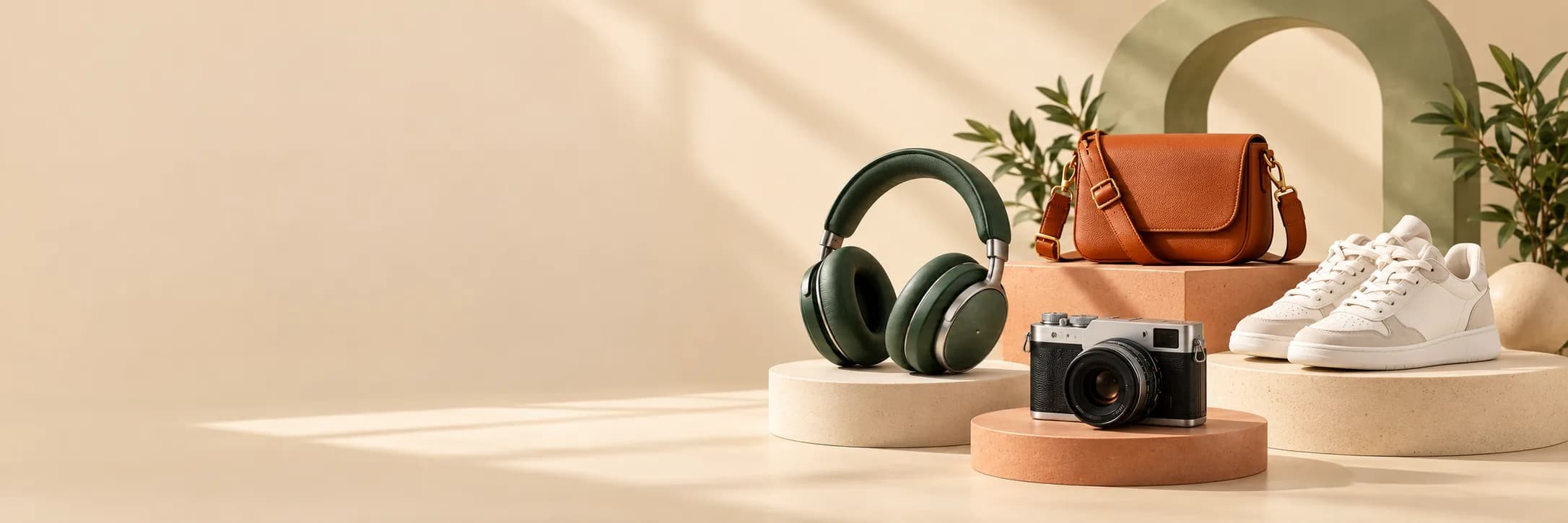 Headphones, a leather bag, a camera and white sneakers on stone plinths